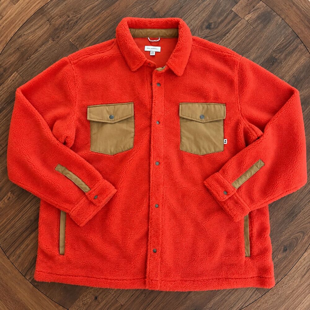 Free Assembly Mens 3XL Orange Tan Fleece Jacket Colorblock Outdoor Utility